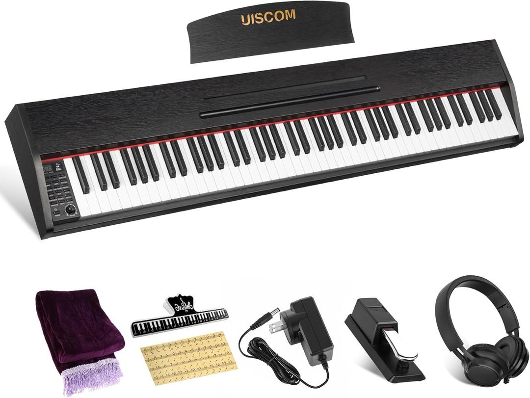 UISCOM 88 Key Digital Piano Keyboard for Beginners, Full Size Electric Piano Semi-Weighted Keyboard with Sheet Music Stand, Pedal, Headphone, Power Adapter, USB-MIDI Compatibility, Wood Grain Black
