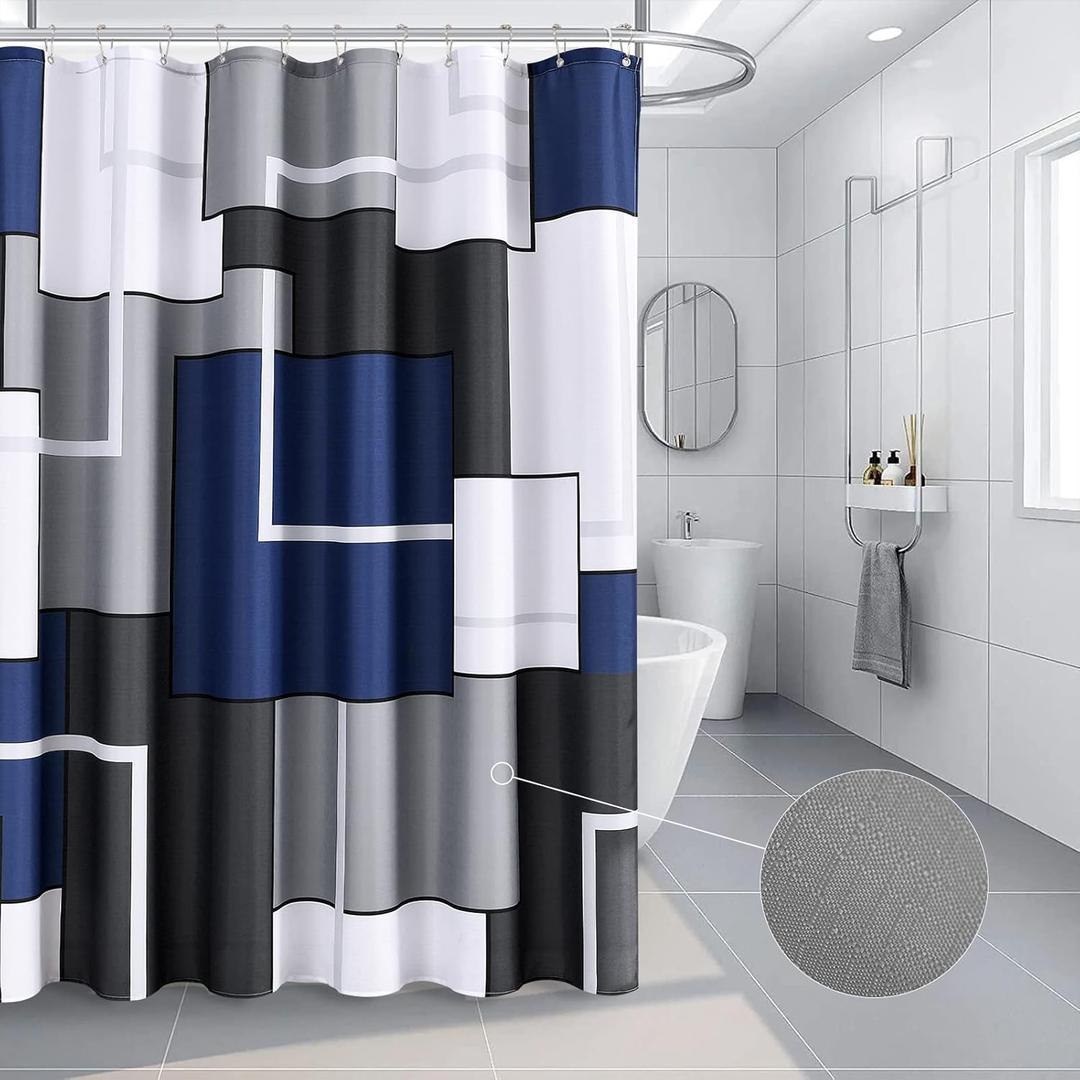 Blue Shower Curtain Set with Hooks Blue and White Morden Shower Curtains for Bathroom Fabric Grey Abstract Geometric Bath Curtains Decorative Gray 72x72 (Navy)