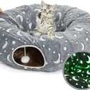 LUCKITTY Cat Tunnel Bed Tube with Cushion and Plush Ball Toy Playground Crinkle Collapsible Self-Luminous Flannel Fabric 3FT for Large Cats Kittens Kitty Small Animals Puppy Grey Moon Star