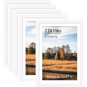 13x19 Picture Frame Set of 5, White Poster Frame, Display Pictures 11 x 17 with Mat or 13 x 19 Without Mat for Horizontal or Vertical Wall Mounting, Wall Gallery Frame