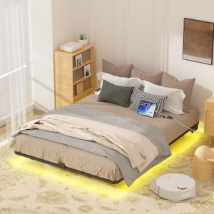 Queen Size Floating Bed Frame with LED Lights, Heavy Duty Metal Platform Floating Bed Frame with Charging Station, No Box Spring Needed, Easy Assembly, Noise Free