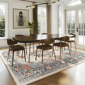 RELEANY Area Rugs 7'x9' Washable Non-Slip, Floral Vintage Distress Print Pattern Medallion Carpet for Living Room Bedroom Dining Room, Beige Navy Blue Orange Colorful