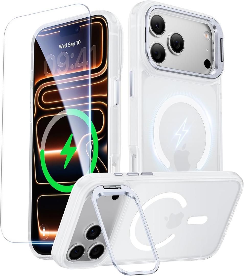 for iPhone 17 Pro Case with Stash Lens Stand and 9H Screen Protector, Compatible with MagSafe, Military-Grade Drop Protection Phone Case for iPhone 17 Pro, 360 Full Protection, Frosted Clear