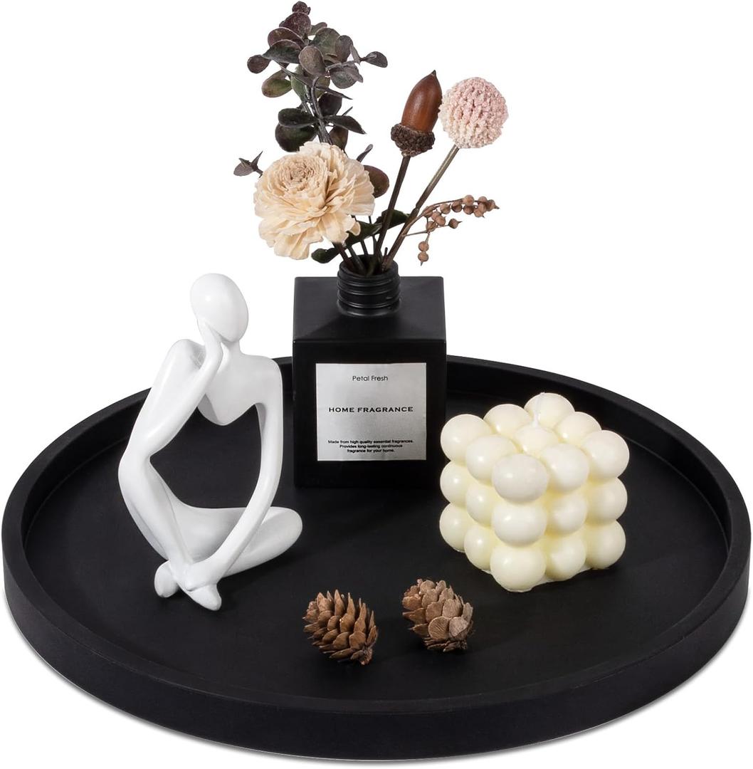 Silicone Bathroom Tray Round Vanity Tray Decorative Soap Holder Kitchen Countertop Organizer Coffee Table Decor for Candle, Perfume, Plant, 12 Inch, Black