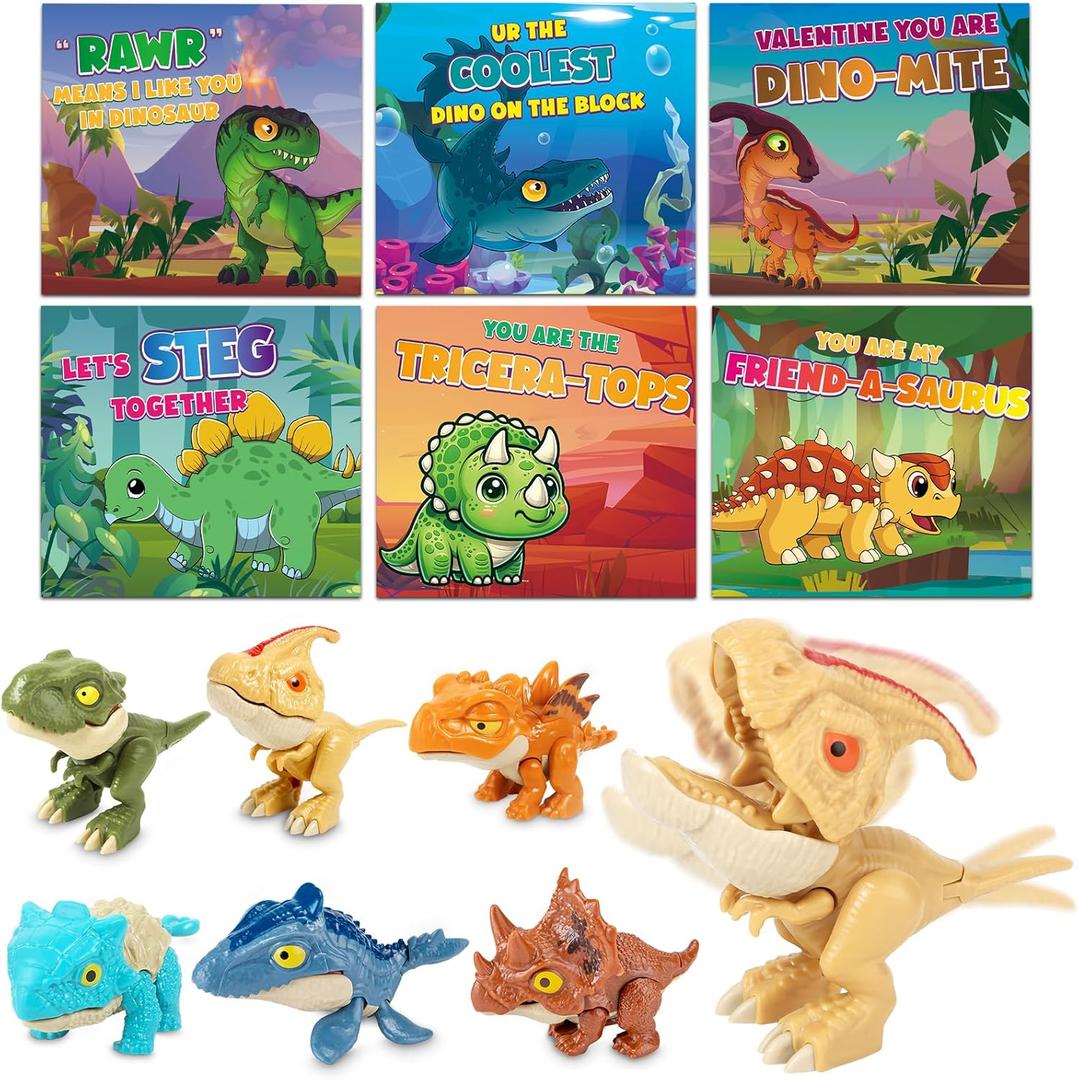 24 Pack Valentines Day Cards for Kids with Dinosaur Toys, Valentines Cards for Kids School Classroom Bulk Valentines Gifts Exchange, Valentines Day Dinosaur Toys for Kids Girls