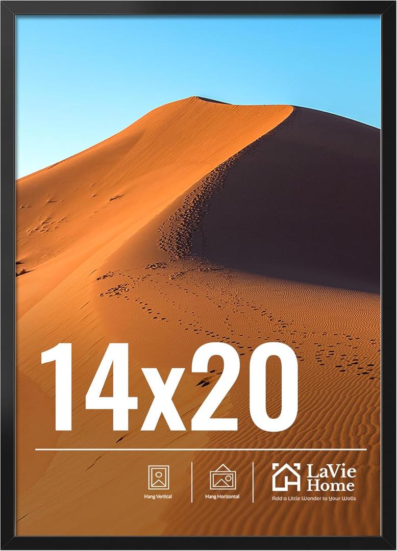 LaVie Home 14x20 Picture Frame for Wall Display, 14x20 Black Picture Frame with HD Plexiglas, 14 x 20 Poster Frame 1 Pack, Display Frame for Vertical or Horizontal, Classic Collection