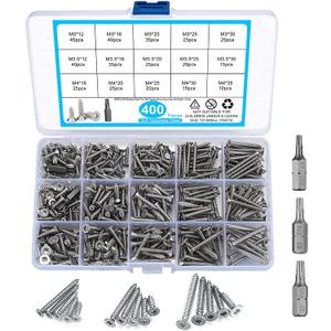 400 Pcs M3/M3.5/M4 Wood Screws, Torx Head Pan Head Self Tapping Screws, Stainless Steel Flat Head Drywall Screws Assortment Kit for Wood, with 3 Pcs Bits (400 Silver)