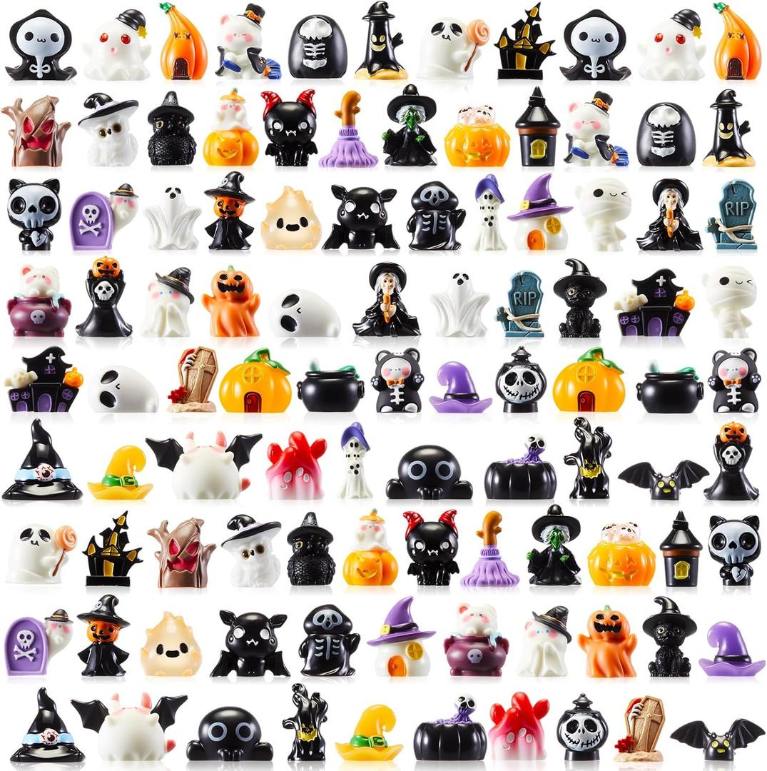 Leitee 100 Pcs Halloween Mini Resin Figures 50 Styles Halloween Miniatures Tiny Resin Figurines Little Small Figures to Hide Pumpkin Ghost Skull Miniatures Bulk for Party Favors Fillers Dollhouse