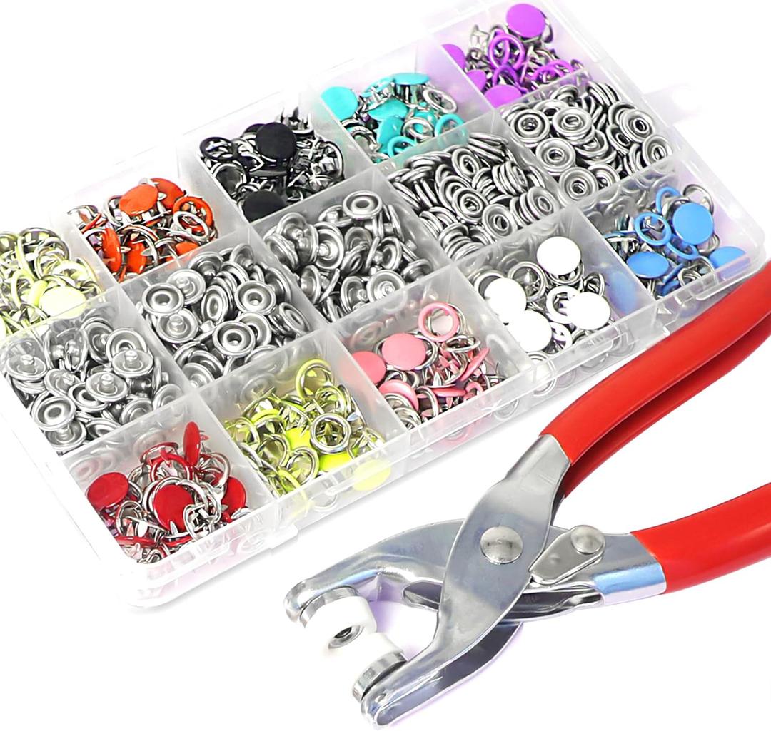 AIMUNOK 200 Sets Metal Snaps Buttons with Metal Fastener Pliers Tool Kit-for Craftsmanship DIY (800pcs /9.5mm /10 Vibrant Colors/Hollow)