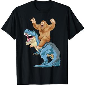 Bigfoot Riding Dinosaur T Rex Cute Sasquatch Dino Boys Kids T-Shirt, L, Black