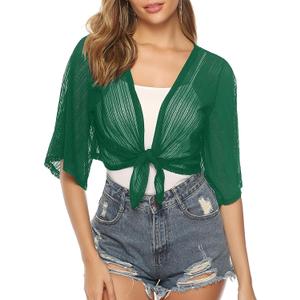 iClosam Women Tie Front Chiffon Shrug Short Sleeve Cropped Sheer Bolero Shrug Cardigan (Green, XXL)