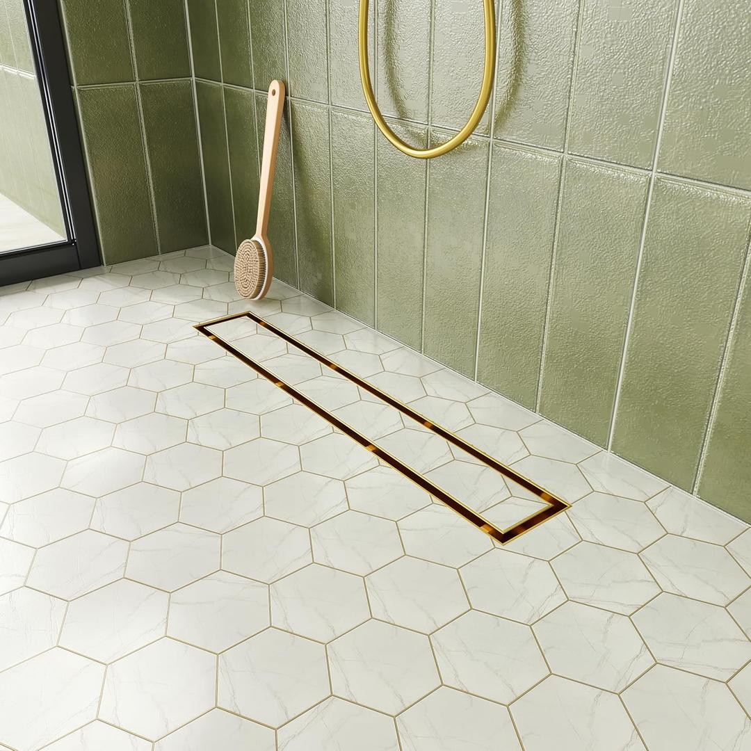 Neodrain 18-Inch Linear Shower Drain with Tile Insert Grate, Golden 304 Stainless Steel Rectangle Shower Floor Drain, Linear Drain with Leveling Feet, Hair Strainer