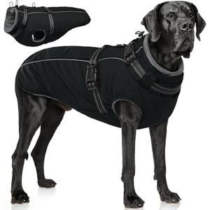 PUMYPOREITY Dog Jackets for Large Dogs, Warm Dog Winter Coat with Harness Built in, Fleece Jacket with Back Zipper, Cold Weather Coats for Outdoor, Waterproof & Windproof Pet Snowsuit, Black, XL