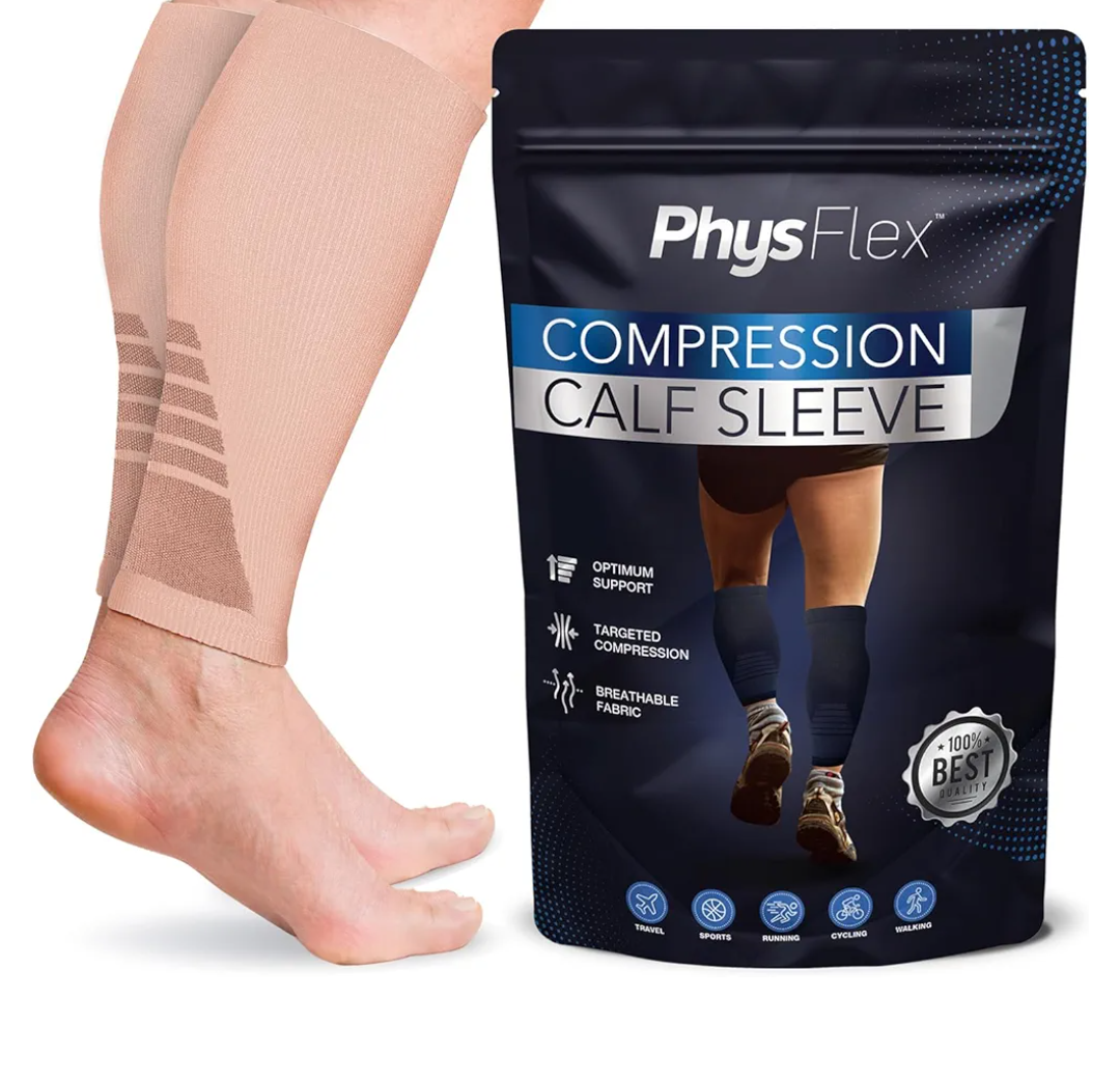 Calf Compression Sleeves for Men and Women - (1 Pair) Footless Compression Socks Support for Varicose Vein, Nursing, Pregnancy, Running - PhysFlex Leg Sleeve Brace for Shin Splints, Pain Relief and Size L