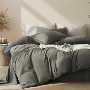 JELLYMONI Duvet Cover Queen Size - Washed Cotton Comforter Cover with Linen-Like Texture,Breathable & Soft Bedding for Modern Home,Guest Room and Everyday Use,Dark Grey 1 Duvet Cover & 2 Pillowcases