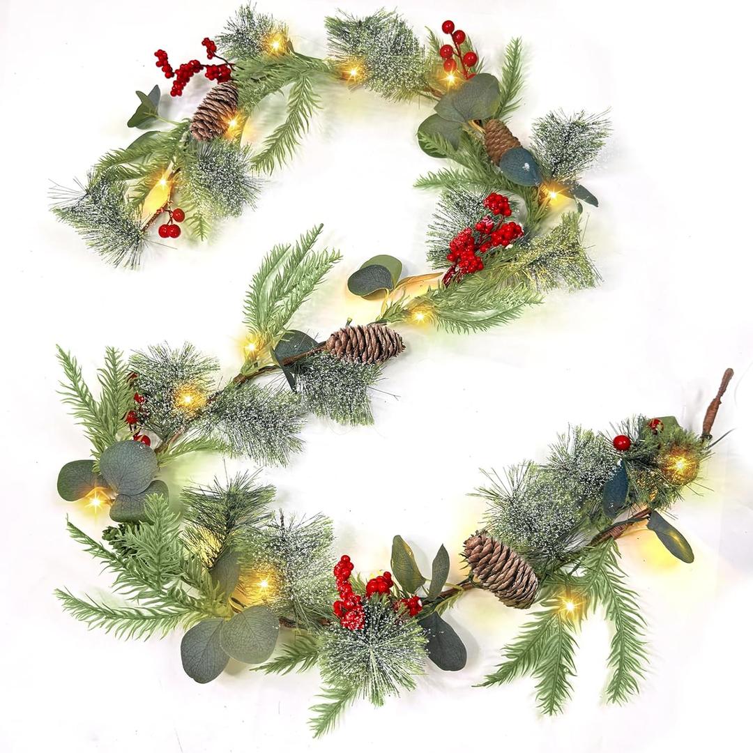 Timer - 6 Ft Snow Flocked Prelit Christmas Garland, Real Touch Cedar Garland with Lights, Red Berries & Pine Pinecones, Battery Operated Christmas Garlands for Mantel Table Stairs Holiday Decor