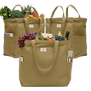 Nook Theory 3-Pack Reusable Grocery Bags - Heavy Duty, Large 12 Oz Cotton Canvas Reusable Shopping Bags With Pockets, 100% Cotton Cloth Grocery Totes, Foldable Multi Compartment (Khaki)