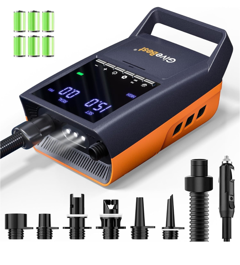 GiveBest Rechargeable Paddle Board Pump, 20 PSI High Pressure and 30% Faster Dual Stage SUP Air Pump with Auto-Off, 3x4500MAH, Inflation and Deflation Function for Paddle Boards, Boats, Kayak and Tent