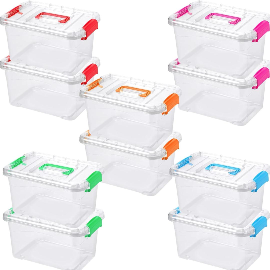 Suzile 10 Packs 7.5 Qt Toy Handle Storage Bins with Lids Clear Plastic Bins 5 Colors Handle Stackable Storage Containers with Labels Markers for Office Home School Supplies Organization