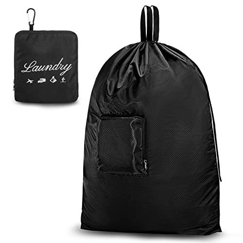JHX Travel Laundry Bag XL, Extra large Dirty Clothes Organizer【Upgraded】with Handles and Aluminum Carabiner for Travel, Camp, Fitness, and Students (Thickened - Black) 32"H x 23"W