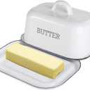 Suwimut Enamel Butter Dish with Lid for Countertop Refrigerator, Vintage White Butters Holder Tray, Black Rim Enameled Metal Covered Butters Keeper Container for East West Coast Butter Stick