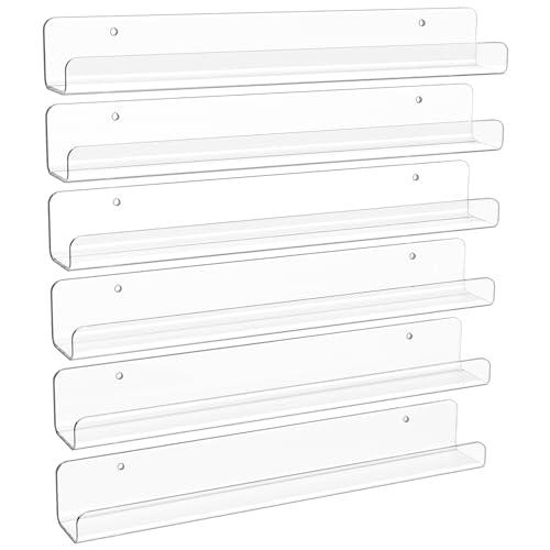 upsimples 6 Pack Clear Acrylic Shelves, 1.7" x12" Clear Wall Shelves for Nail Polish, Vinyl Wall Mount, Record Holder, Magazine Rack, Comic Display, Picture Ledge Shelf Décor