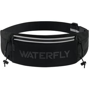 WATERFLY Running Belt Fanny Pack: Breathable 3 Pocket Waist Bag for Men Women Workout Exercise Fitness Phone Holder Fits All Phones - Runner Marathon Jogging Race Belt with Bib Clip Black
