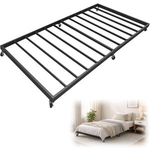 Twin Trundle Bed Frame with Steel Slats, Effortless Roll-Out Trundle Frame, Silent Locking Wheels & Quick Assembly, Space-Saving Guest, Kids, or Dorm Bed for Small Rooms, Black