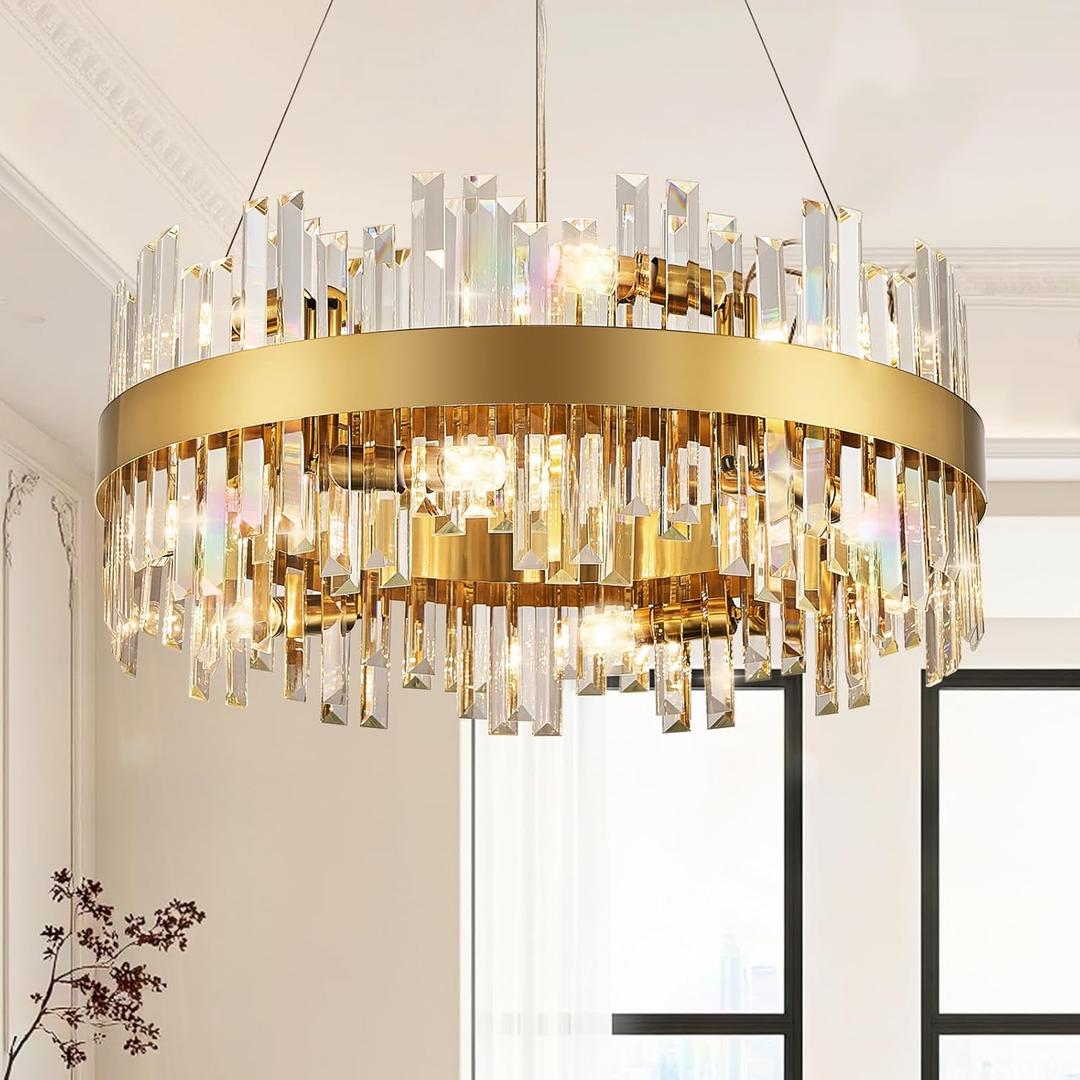 24'' Modern Gold Crystal Chandeliers, 12-Lights K9 Crystal Luxury Raindrop Chandelier Light Fixture,3 Colors Contemporary Pendant Ceiling Light for Dining Room Living Room Entryway Foyer
