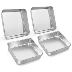 LIANYU 9 x 9 Inch Square Baking Cake Pan Set of 4, Stainless Steel Brownie Bread Cake Molds, Square Bakeware for Lasagna Pie, Oven & Dishwasher Safe