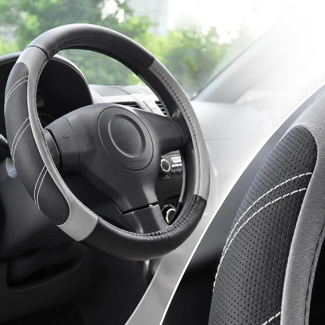 Elantrip Steering Wheel Cover for 14.5" to 15" Wheels, Soft Padded Grip with Anti-Slip Inner Lining, Breathable Comfort for Daily Driving, Easy Install for Cars, SUVs and Trucks, Black/Gray