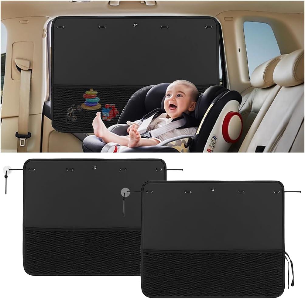 Bittwee 2PCS Car Window Shade, UV Protection Blockout Vehicle Side Window Sun Shade with Storage Net Pockets & 7 Suction Cups, Auto Privacy Curtain for Baby, Universal for Vehicles