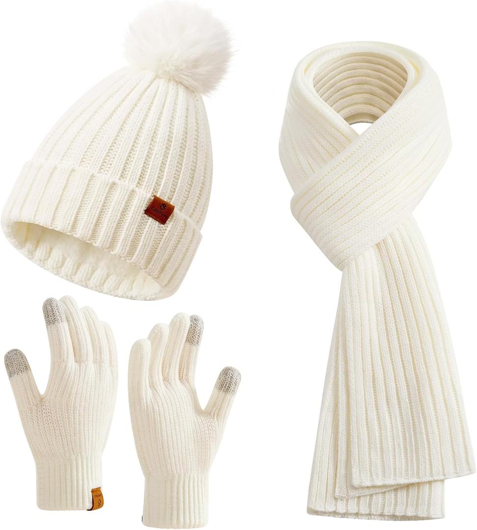 Coolprince Womens Long Scarf Gloves and Hat Set Cold Weather Hat Scarf Glove Set for Women Winter Beanie Hats with Pom Pom (One Size, White)