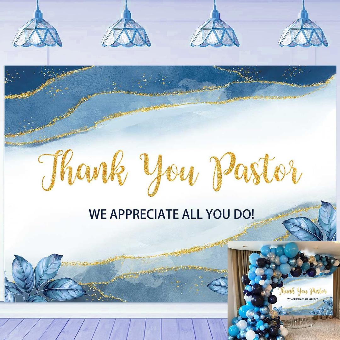 Thank You Pastor Backdrop Blue Gold Appreciation Banner Pastor Appreciation Day Decorations Background Church Event Party Backdrop (7x5FT210x150cm)