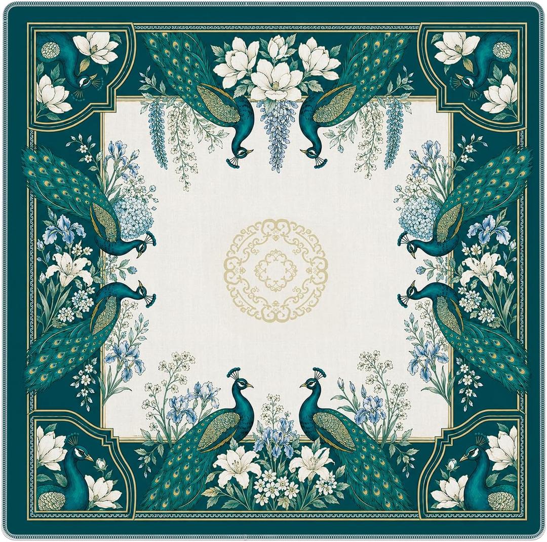 Blue Green Peacock Chinoiserie Floral Mahjong Mat 31.5"x31.5"