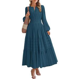 Women's Long Sleeve Maxi Dress with Pockets Spring Fall 2026 V-Neck Flowy Casual Wedding Guest Dress Elastic Waist (Medium, Malachite Green)