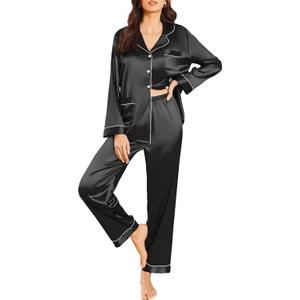 Ekouaer Silk Pajamas for Women Classic Button Down Satin Pajama Sets Long Sleeve Lounge Set (Small, Black)