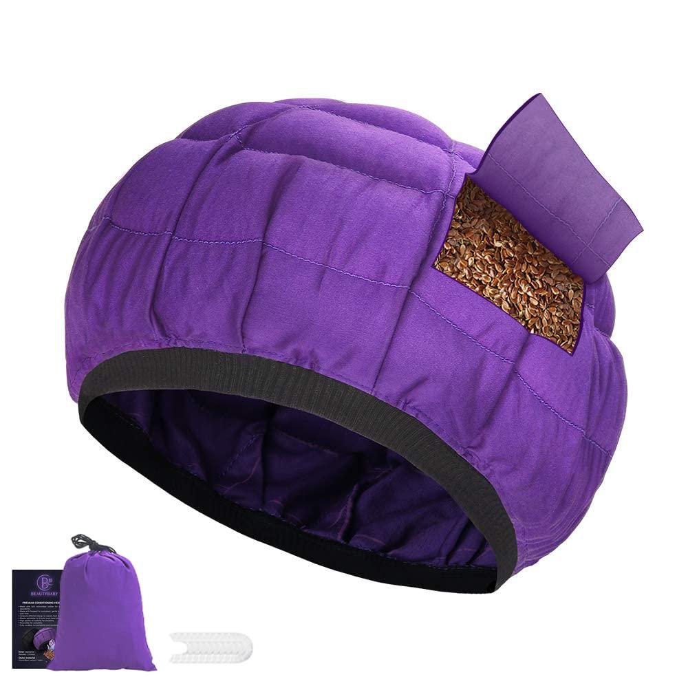 Beautybaby Cordless Deep Conditioning Heat Cap, Microwavable Treatment Steaming Heat Cap for Thermal Spa Curly Hair, 100% Natural Cotton Flaxseed Seed Interior (Purple)