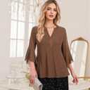 Lotusmile Women's 3/4 Sleeve Dressy Tops Elegant V Neck Blouse for Women Casual Work Evening Party (Brown, S)