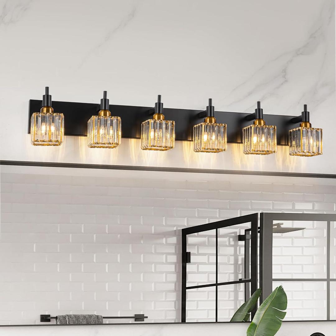 6-Lights Crystal Bathroom Vanity Light Black Gold Modern Bathroom Lighting Fixtures Over Mirror, Wall Light Fixtures (Black Gold-Square Shade)