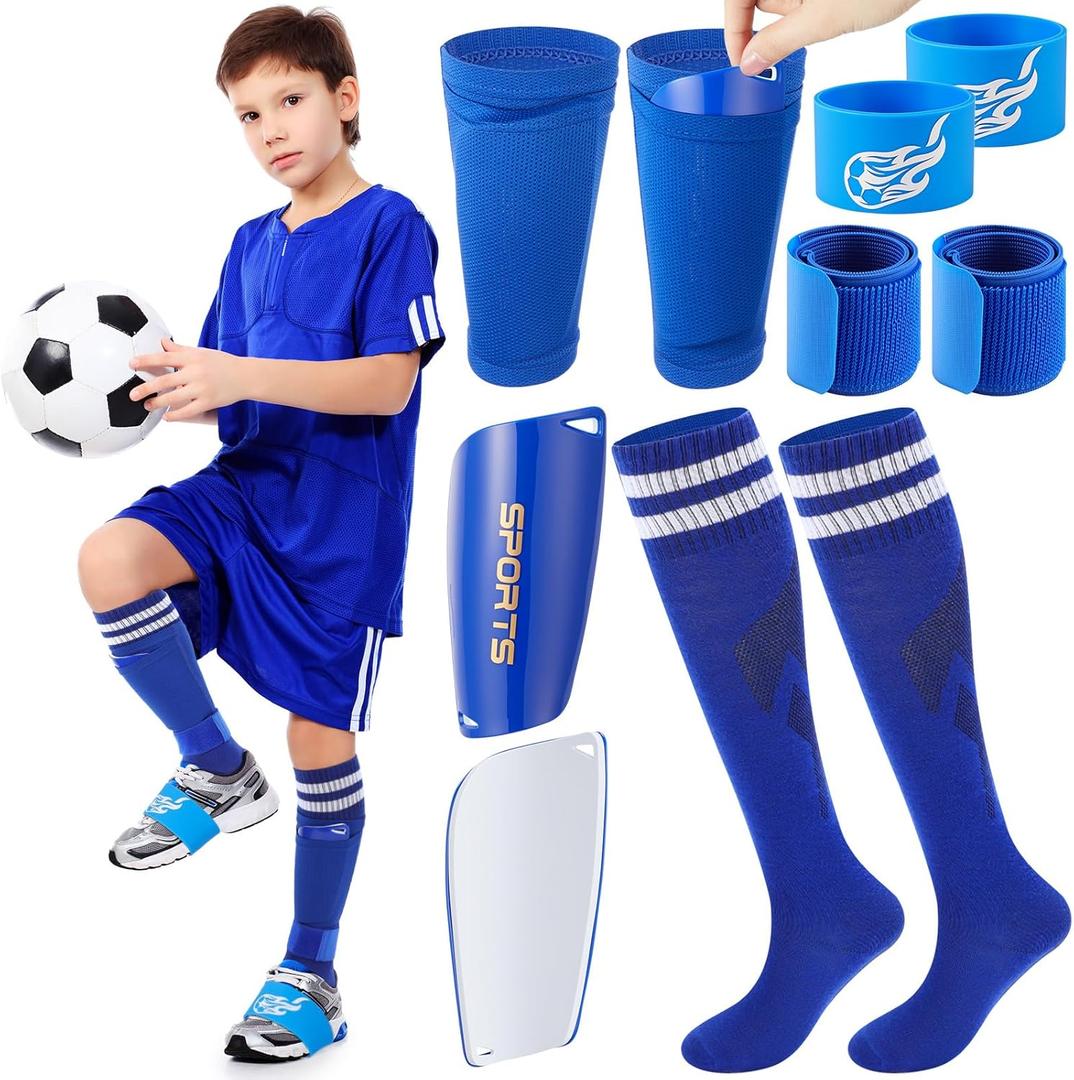 10 Pcs Soccer Shin Guards Set Shin Pads, Sleeves, Long Socks, Soccer Cleat Lace Cover and Guard Straps for Age 5-12 Youth, Lightweight Equipment (Blue)