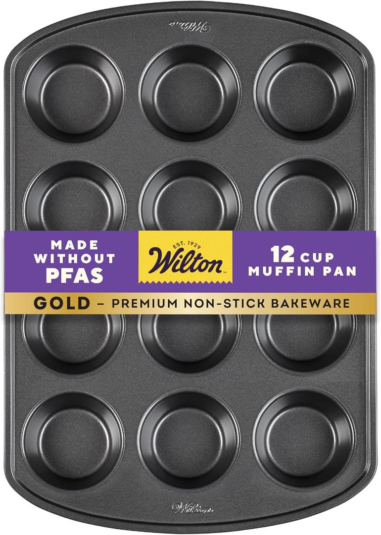 Wilton Gold Non-Stick 12 -Cup Muffin Pan, Stainless Steel Bakeware, Made without PFAS, 10.5 x 15 x 1.4 in, Packaging May Vary