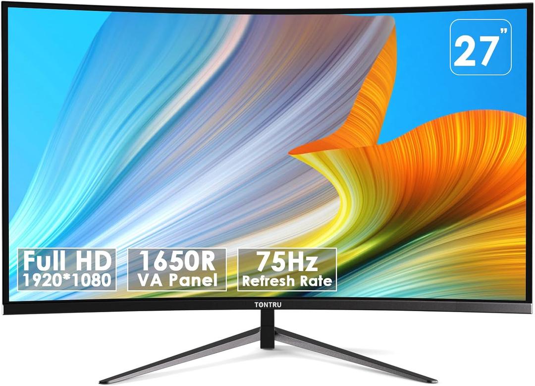 27-inch FHD(1920 x 1080) Monitor Curved, VA Panel, 75Hz, HDMI/VGA, Low Blue Light, Flicker-Free, 3-Side Frameless, VESA Mount, Slim Metal Stand, for Home Office Use, Black