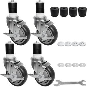 MySit 3 Inch Expanding Stem Casters Set of 4, Heavy Duty Caster Wheels with Side Brake, Fit 1-1/2", 1-5/8", 1-3/4", 1-7/8" Stainless Steel Furniture Legs for Commercial Kitchen Prep Table