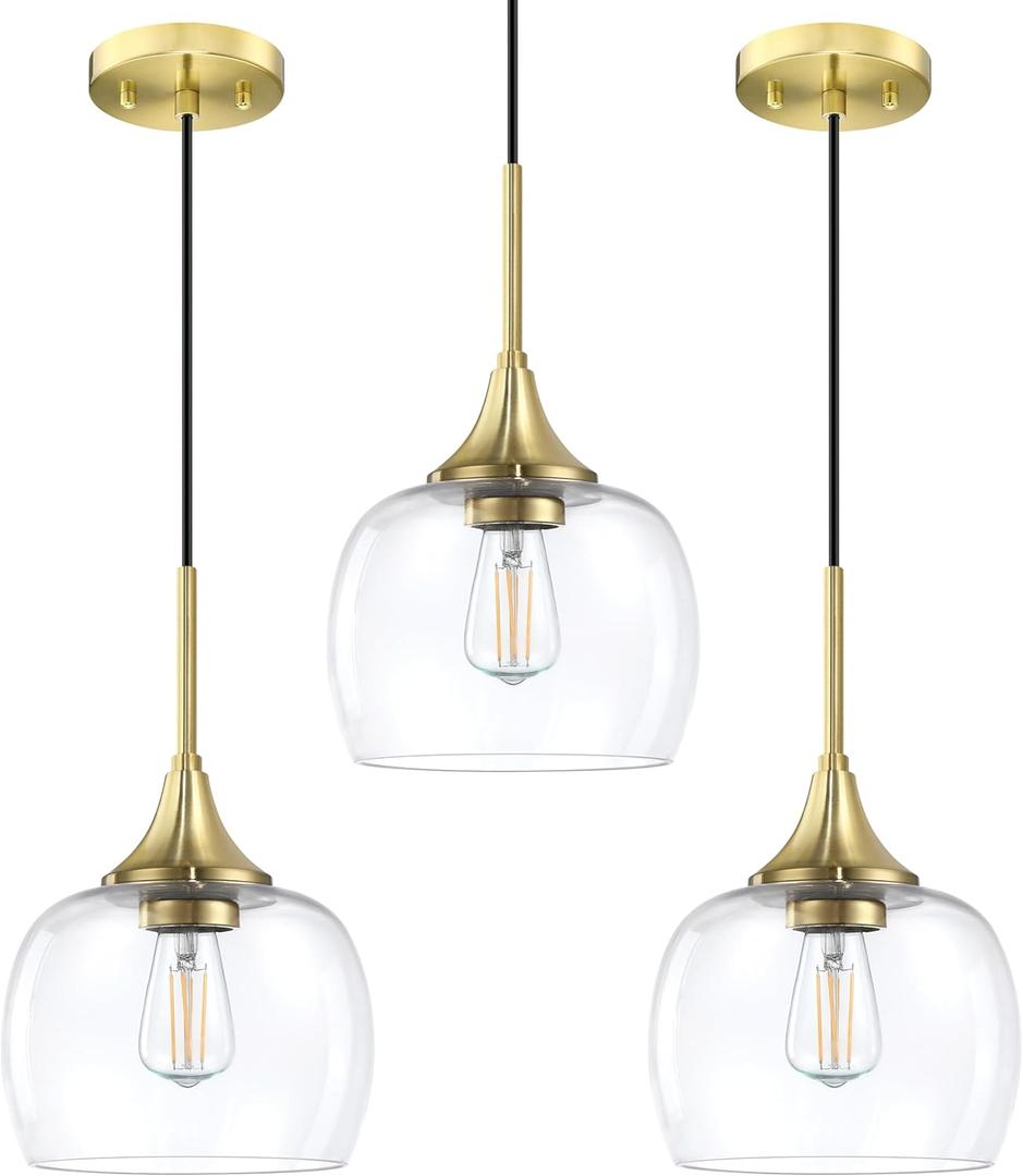 3 Pack 1 Light Hanging Indoor Kitchen Island Pendant Ceiling Light 7.3" Clear Glass Shade Fixture,Gold Finish Modern Farmhouse Dinning Over Sink