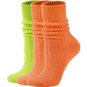 AugRing Women's Neon Scrunch Crew Socks 80s 90s Retro 3-Pack Cotton Stacked Boot Calf Cozy Ribbed Slouchy Socks Size 5-11 (2Orange/ 1Green)