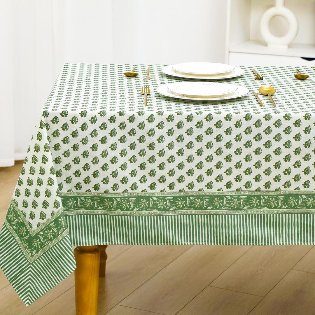 60'' x 90'' Cotton Tablecloth Handmade Cotton Floral Tablecloth Washable Print Rectangle Table Cover with Dust Proof Wrinkle Resistant for Kitchen Dining Party Buffet (Green, Emerald Green)