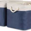 Bidtakay Fabric Storage Baskets with Handles for Organizing 16" x 11.8" x 11.8" Navy Blue Baskets [2-Pack] Shelf Baskets Large Canvas Collapsible Bins for Closet (White&Blue)