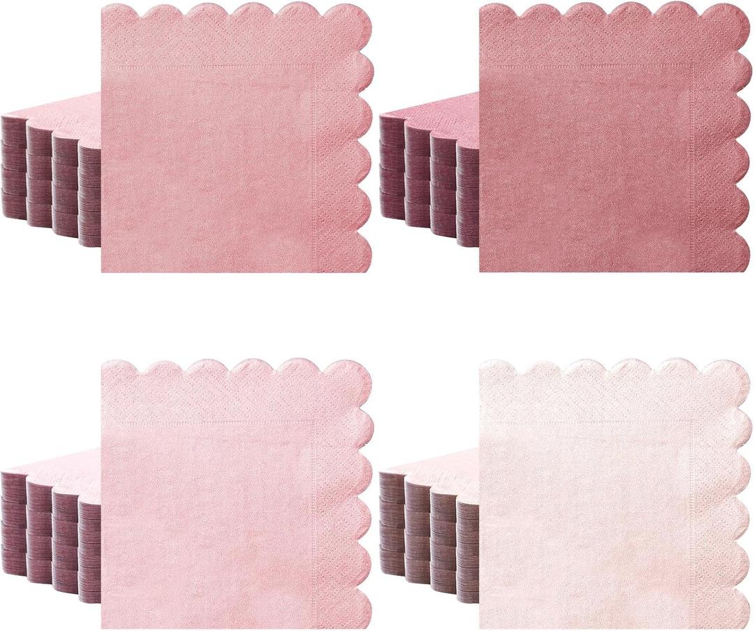 Zhanmai 100 Pack Cocktail Napkins 5 x 5 Inch Scalloped Napkins Beverage Napkins Gradient Color Paper Napkins with Scalloped Edges Thick Disposable Luncheon Napkins for Party Supplies (Dusty Pink)