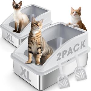 2 Pack Stainless Steel Litter Box | XL Enclosed Cat Litter Boxes with Lid for Big Cats and Multi-Cats | High Sided, Anti-Urine Leakage | Non-Stick BottomSilver Gray